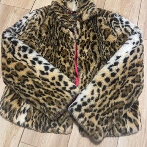 Express Red Satin Lined Faux Fur Jacket Leopard